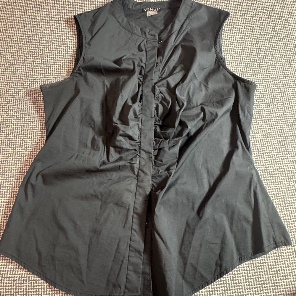 Venus Womens Black Ruched Button Front Sleeveless Top Size 16 Mandarin Collar